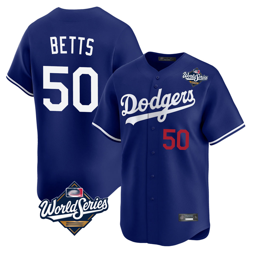 LA.Dodgers #50 Mookie Betts Player Royal World Series Limited Home Gdoa Stitched Jerseys