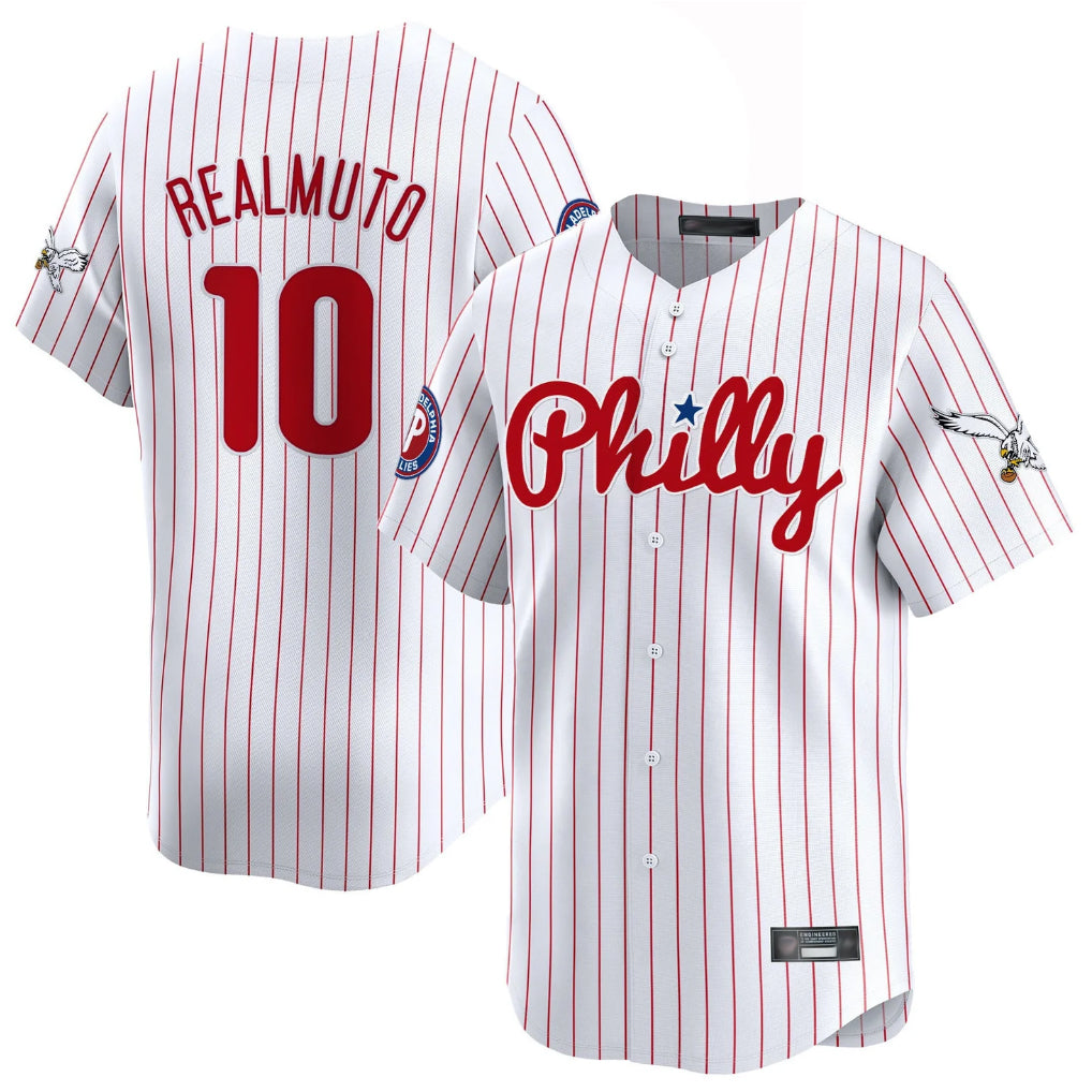 P.Phillies #10 J.T. Realmuto Player White Pinstripe Phillies & Eagles Vapor Premier Limited Stitched Jerseys