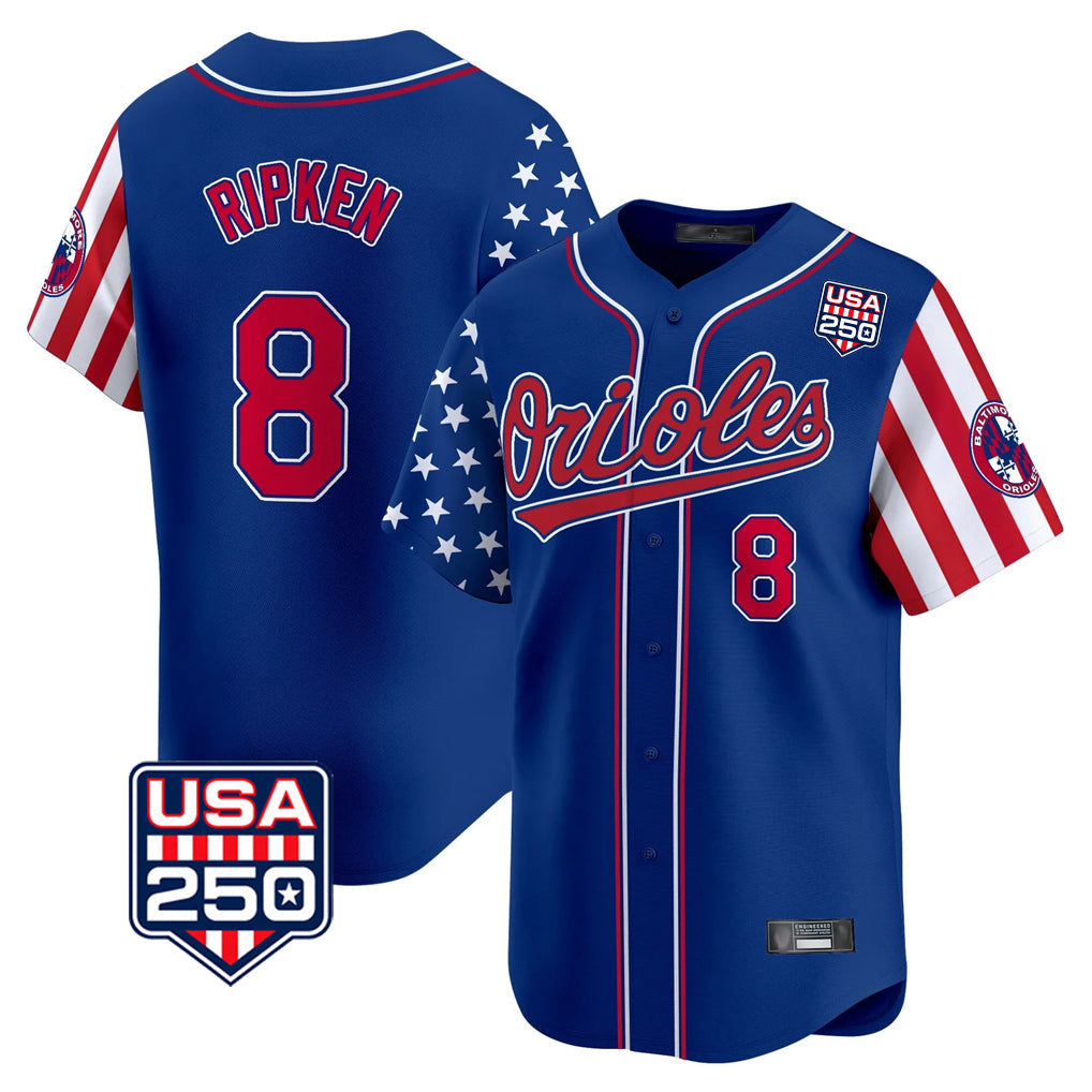 B.Orioles #8 Cal Ripken Player Royal USA 250 Independence Day Vapor Premier Limited Home Game Gdoa Stitched Jerseys