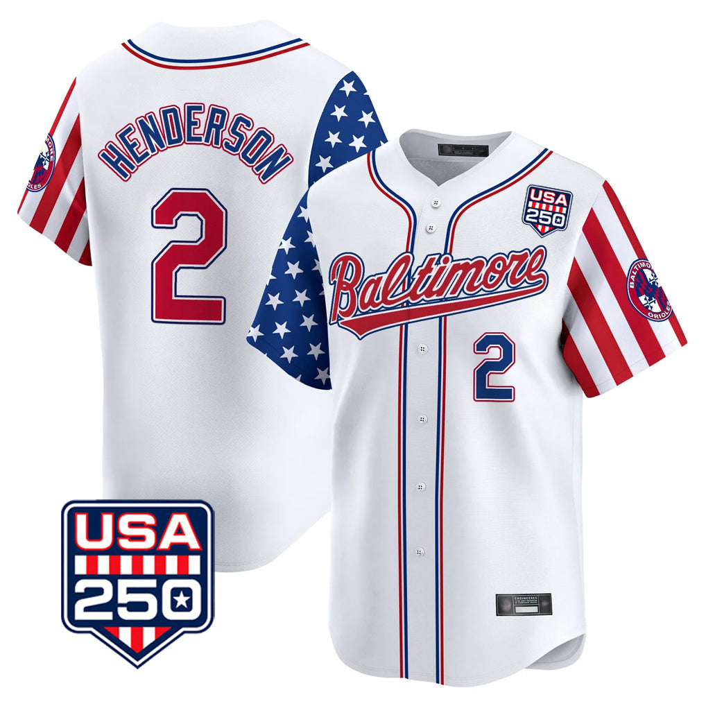 B.Orioles #2 Gunnar Henderson Player White USA 250 Independence Day Vapor Premier Limited Home Game Gdoa Stitched Jerseys