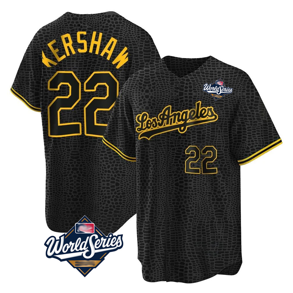 LA.Dodgers #22 Clayton Kershaw Player Black World Series Snake Skin City Game Home Gdoa Stitched Jerseys
