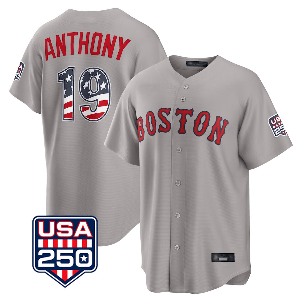 B.Red Sox #19 Roman Anthony Player Gray Road USA 250 Fourth of July Home Game Gdoa Stitched Jerseys
