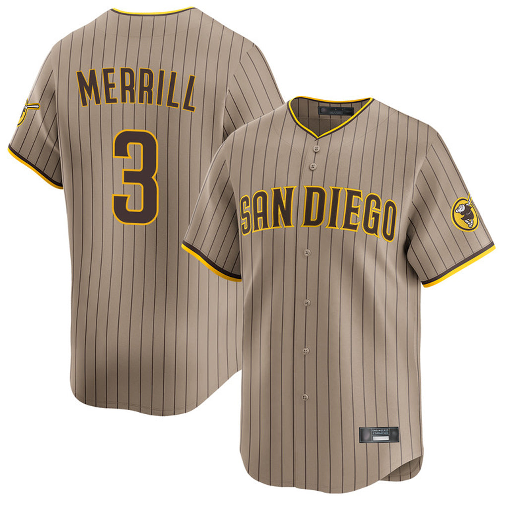 S.Diego Padres #3 Jackson Merrill Player Khaki Home Limited Gdoa Stitched Jerseys