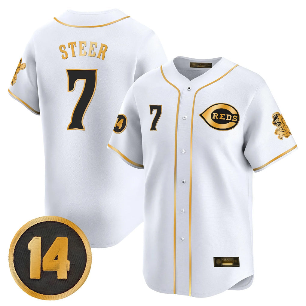 C.Reds #7 Spencer Steer Player White-Gold Vapor Premier Limited Home Gdoa Stitched Jerseys