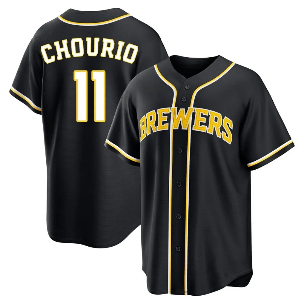 M.Brewers #11 Jackson Chourio Player Black Fashion Out Home Game Gdoa Stitched Jerseys