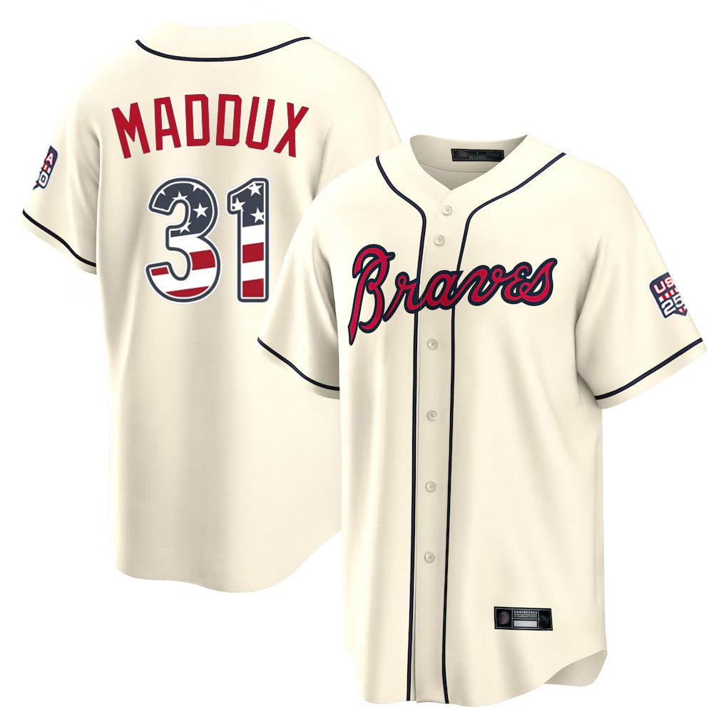 A.Braves #31 Greg Maddux Player Cream USA 250 Fourth Of July Limited Home Game Gdoa250Ys Stitched Jerseys
