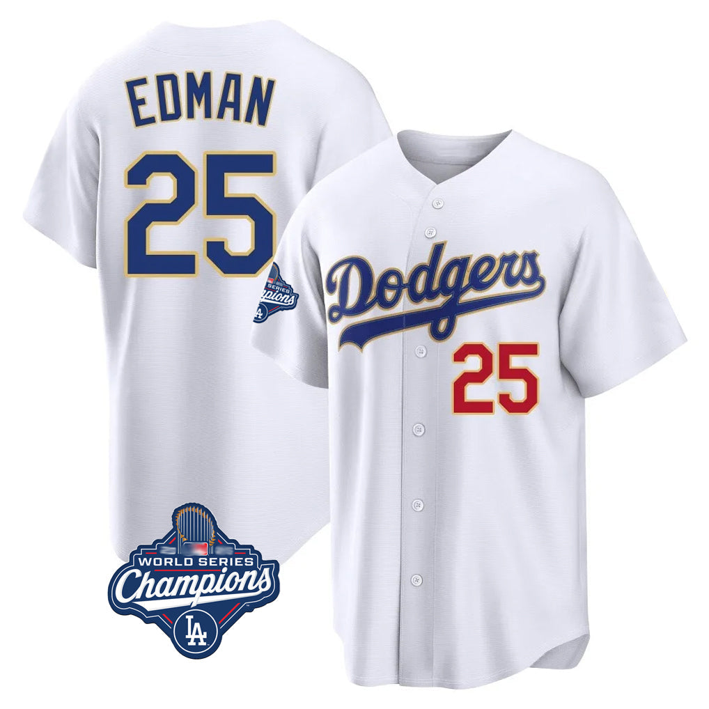 LA.Dodgers #25 Tommy Edman Player Gold White World Series Meet 2026 Collection Stadium Limited Gdoa Stitched Jerseys
