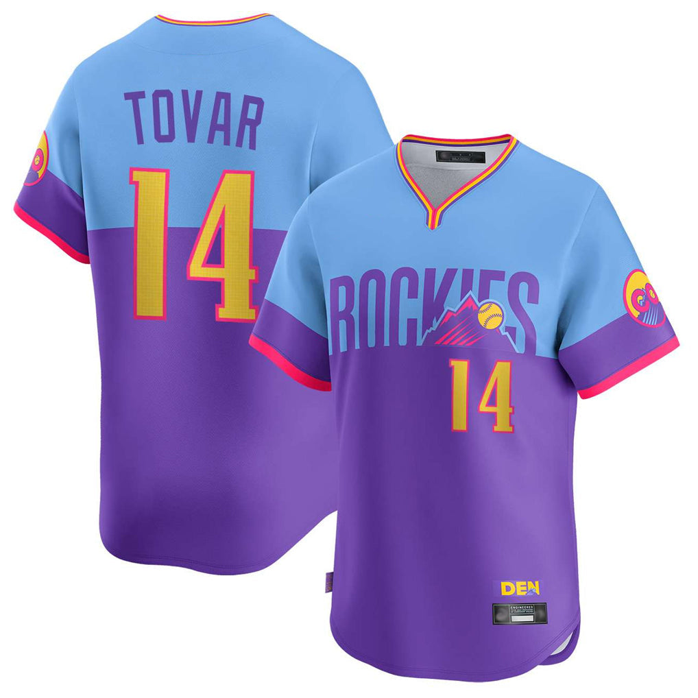 C.Rockies #14 Ezequiel Tovar Player Purple-Light Blue City Connect Limited Home T-shirt Gdoa Stitched Jerseys