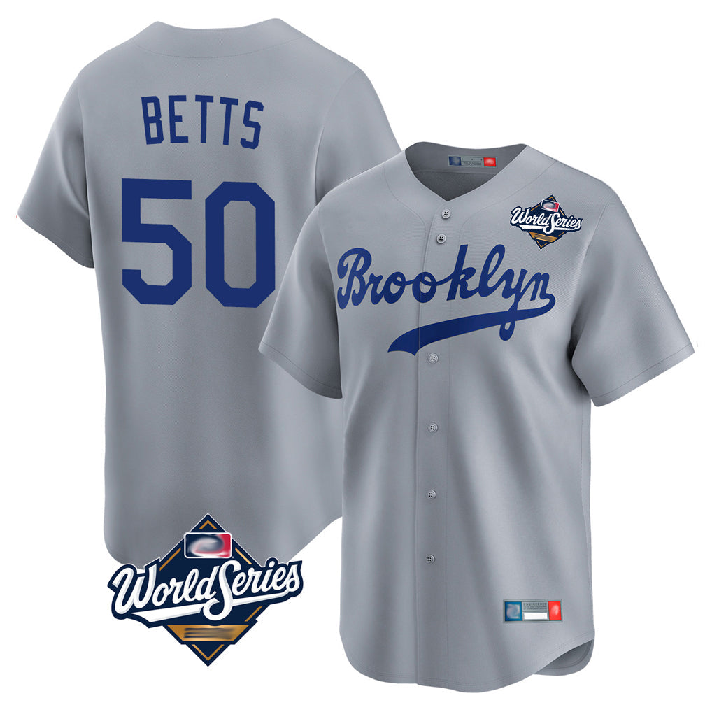 LA.Dodgers #50 Mookie Betts Player Gray World Series Game Limited Home Gdoa Stitched Jerseys