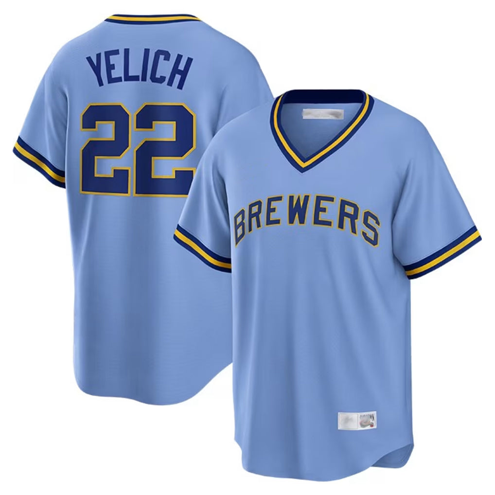 M.Brewers #22 Christian Yelich Player Light Blue Cooperstown Collection Game T-shirt Gdoa Stitched Jerseys
