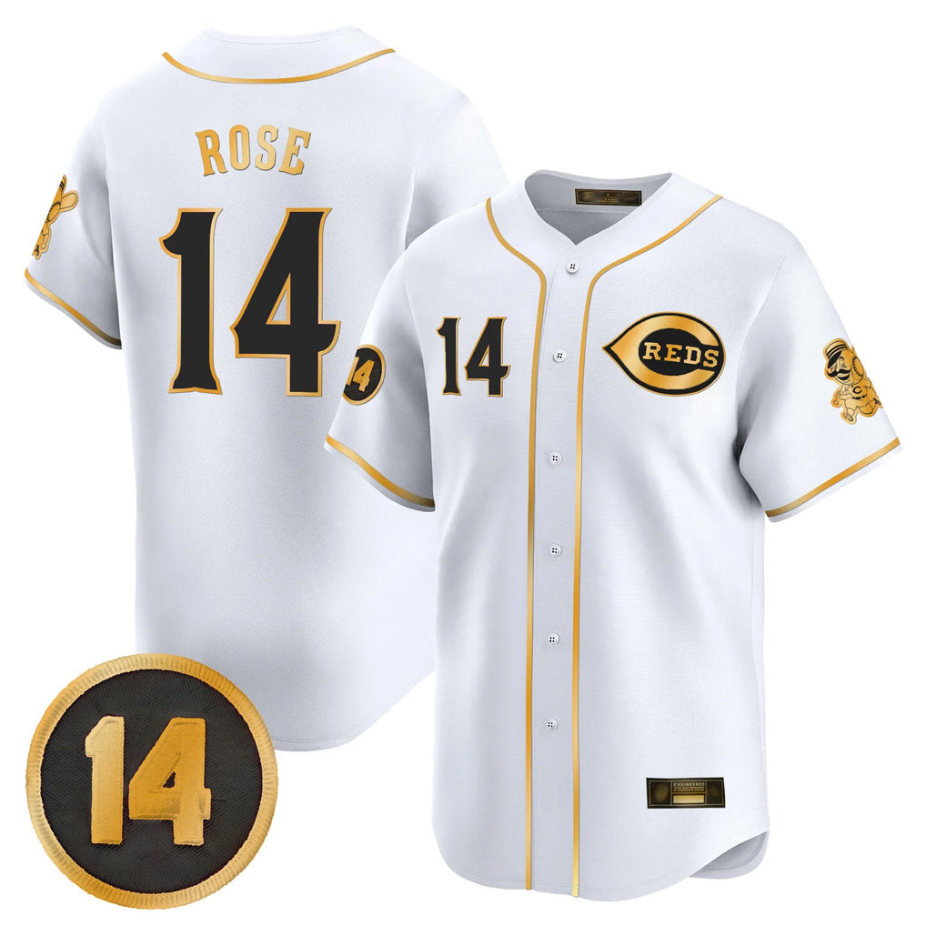 C.Reds #14 Pete Rose Player White-Gold Vapor Premier Limited Home Gdoa Stitched Jerseys