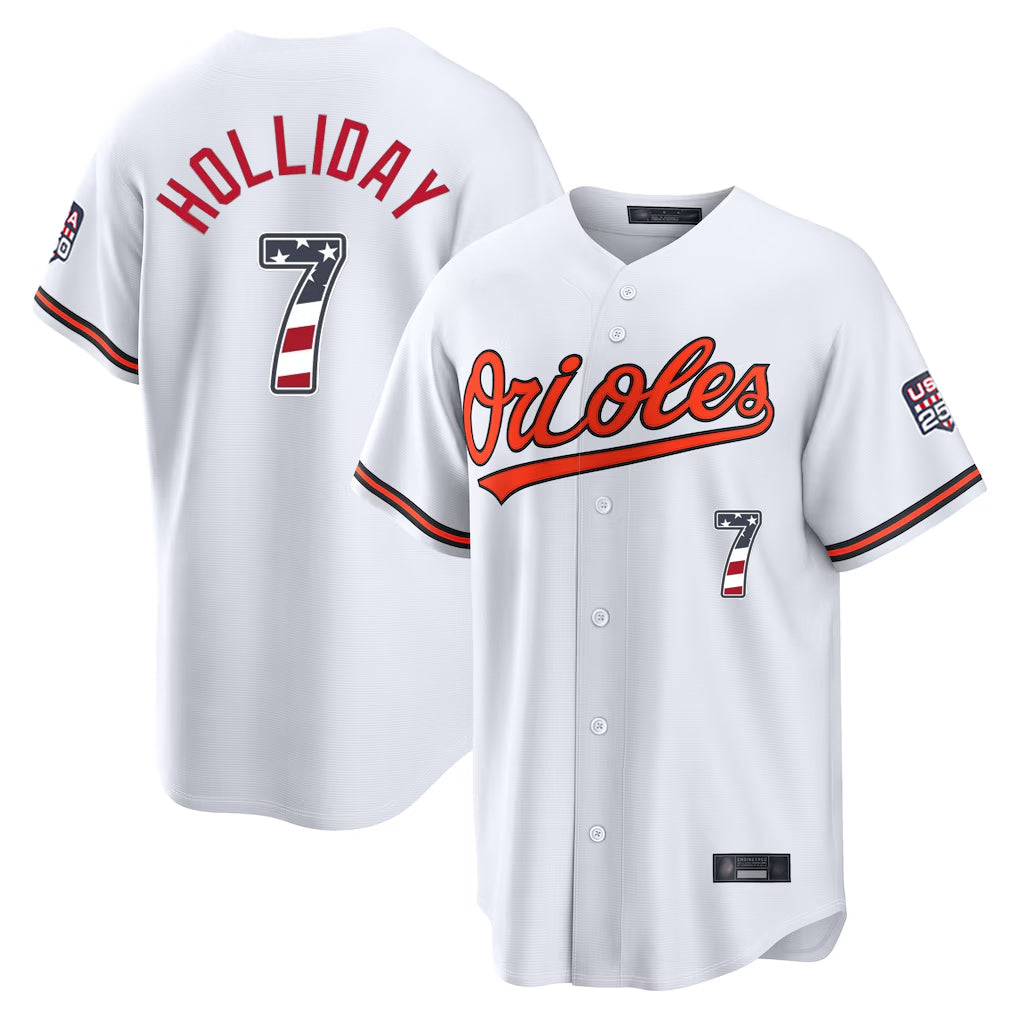 B.Orioles #7 Jackson Holliday Player White USA 250 Fourth of July Home Game Gdoa Stitched Jerseys