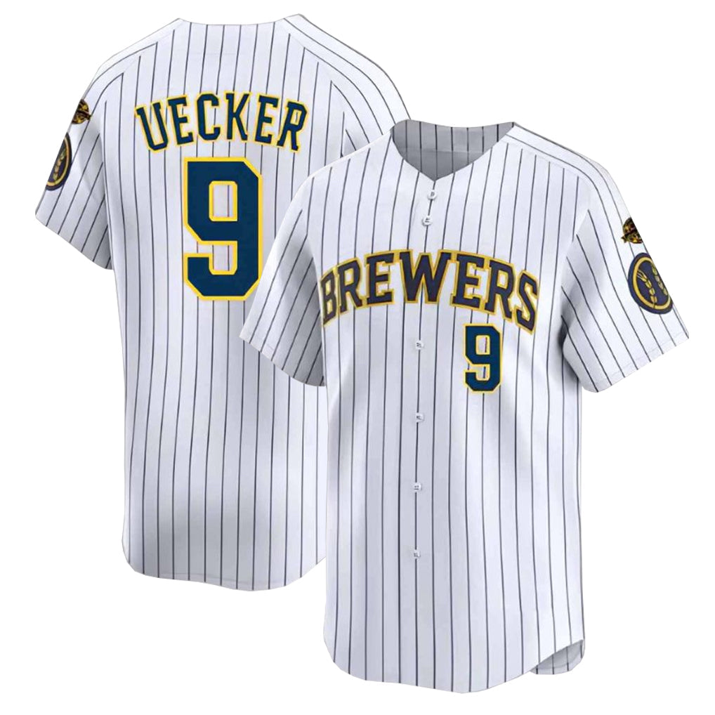 M.Brewers #9 Bob Uecker Player White Stripes Home Limited Game Gdoa Stitched Jerseys