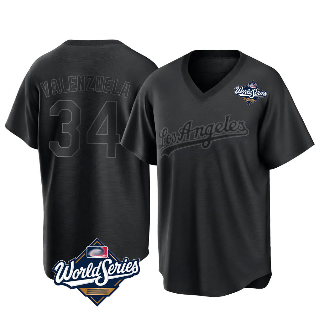 LA.Dodgers #34 Fernando Valenzuela Player Black World Series Pitch Fashion T-shirt Gdoa Stitched Jerseys