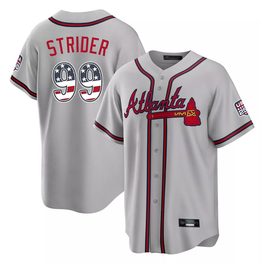A.Braves #99 Spencer Strider Player Gray USA 250 Fourth Of July Limited Home Game Gdoa250Ys Stitched Jerseys