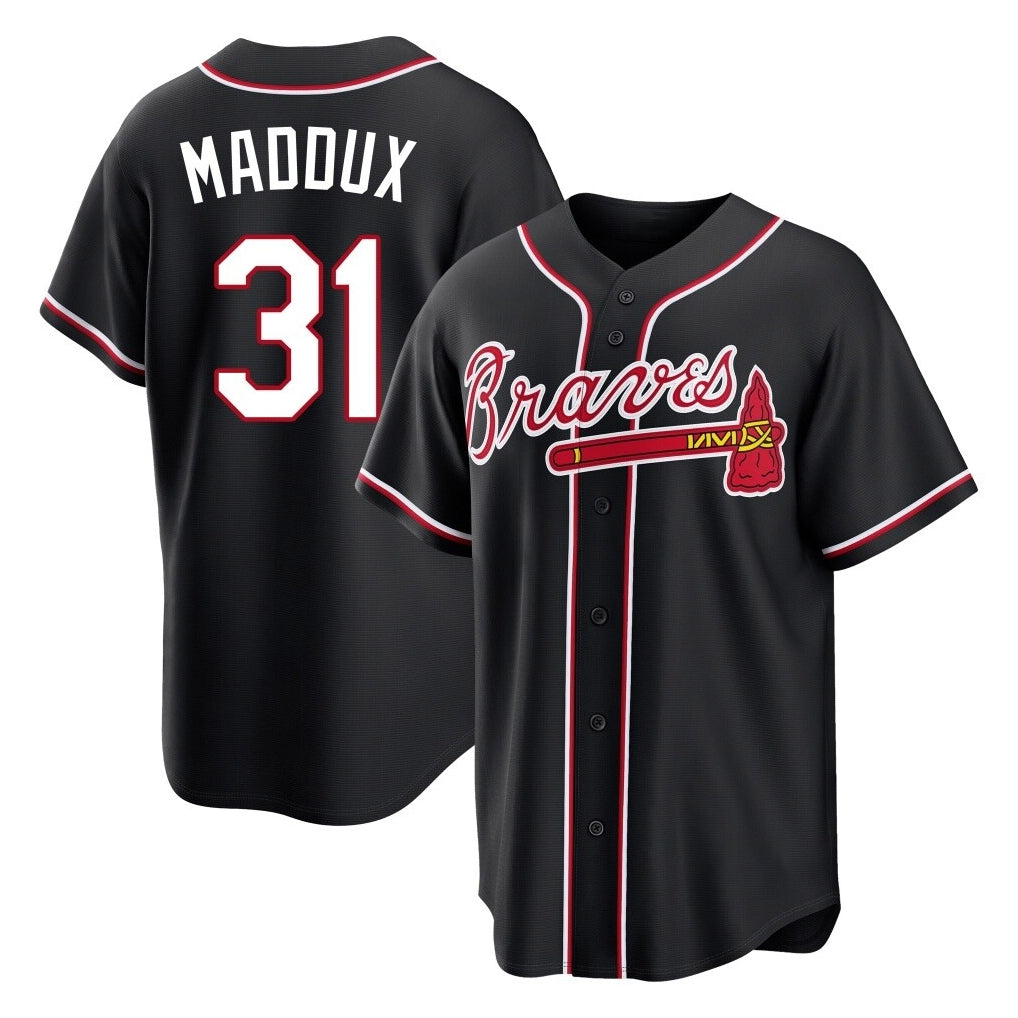 A.Braves #31 Greg Maddux Player Black Fashion Out Game Gdoa Stitched Jerseys