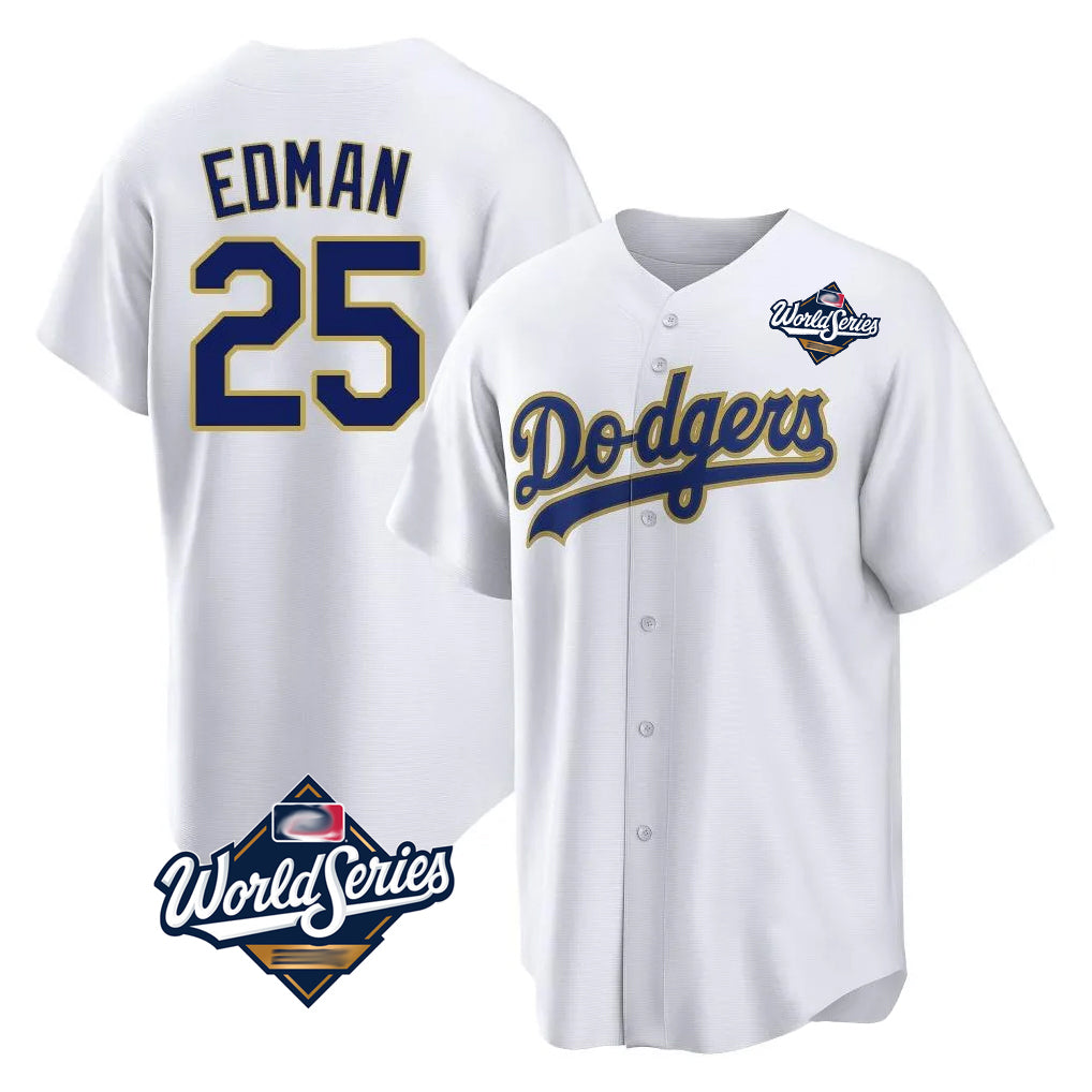 LA.Dodgers #25 Tommy Edman Player Gold White World Series 2026 Collection Stadium Game Gdoa Stitched Jerseys