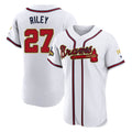 A.Braves #27 Austin Riley Player White Gold Limited Elite Home Game Gdoa Stitched Jerseys