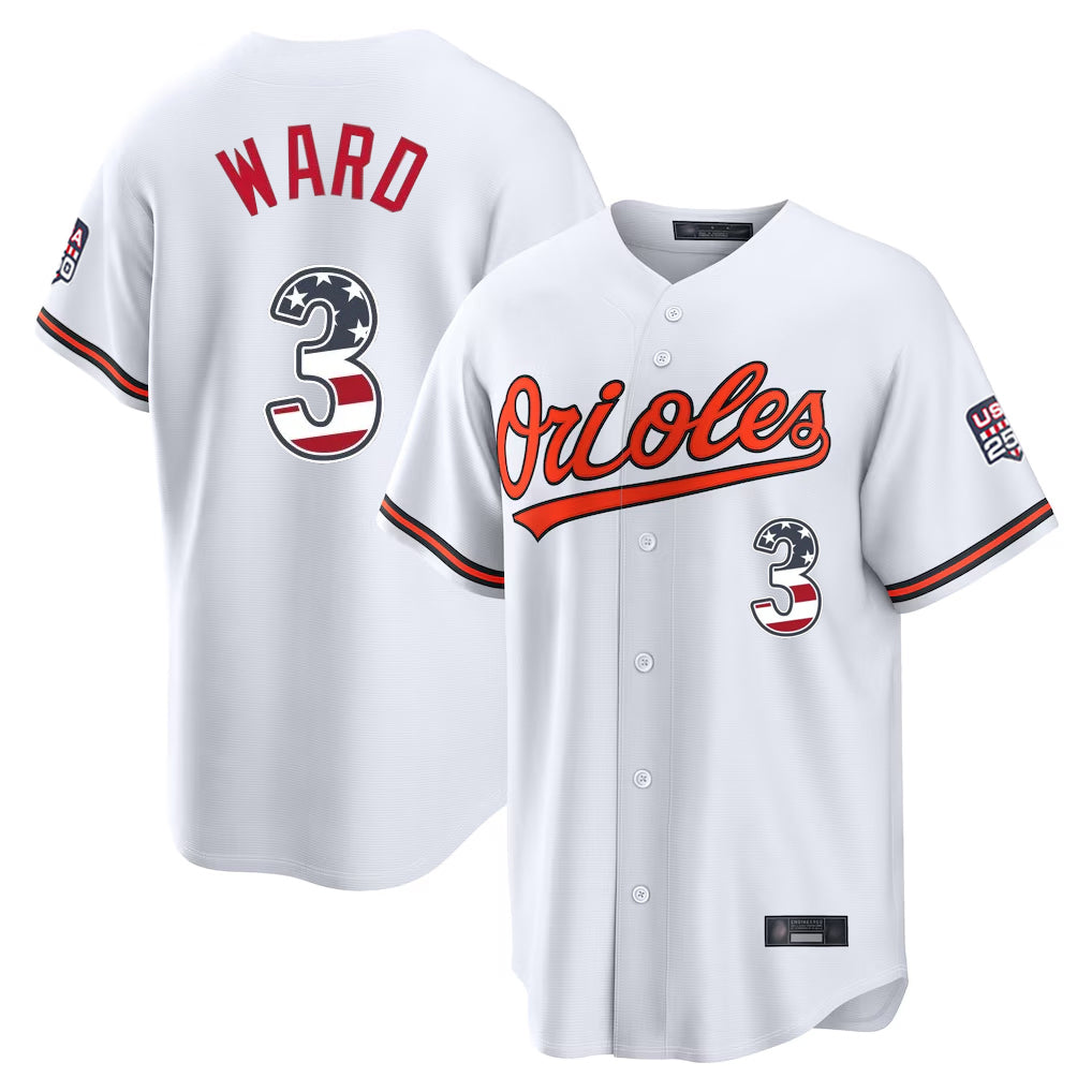 B.Orioles #3 Taylor Ward Player White USA 250 Fourth of July Home Game Gdoa Stitched Jerseys