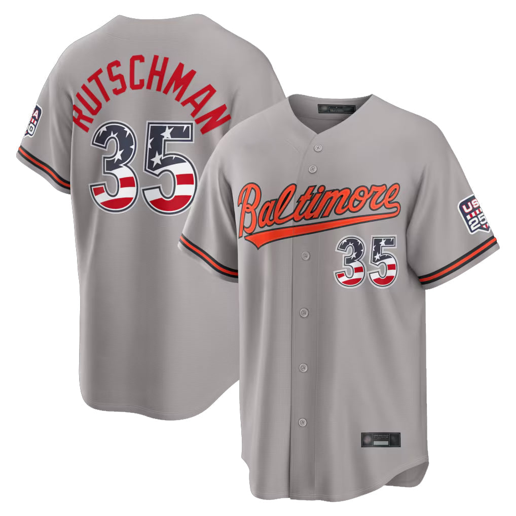 B.Orioles #35 Adley Rutschman Player Gray USA 250 Fourth of July Home Game Gdoa Stitched Jerseys