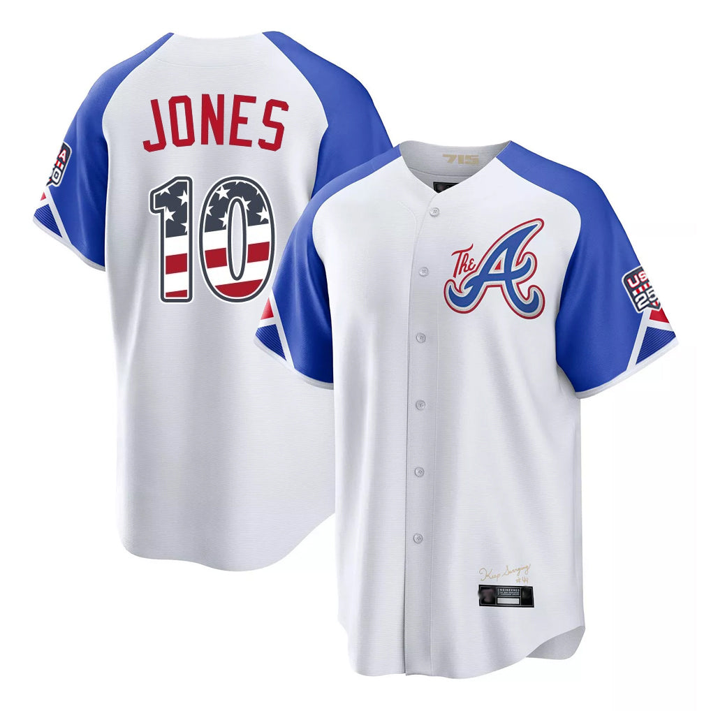 A.Braves #10 Chipper Jones Player White USA 250 Fourth Of July City Connect Home Game Gdoa250Ys Stitched Jerseys