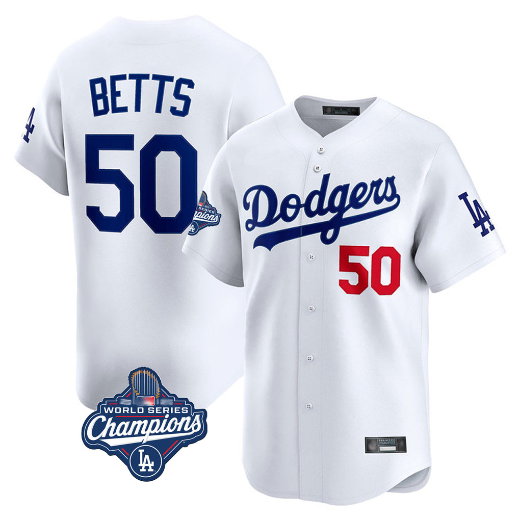 LA.Dodgers #50 Mookie Betts Player White World Series Meet Limited Home Gdoa Stitched Jerseys