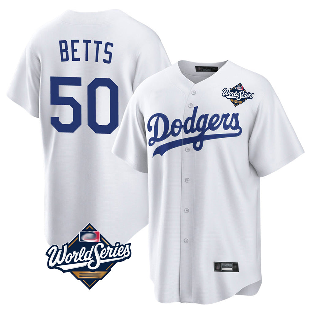 LA.Dodgers #50 Mookie Betts Player White World Series Game Home Gdoa Stitched Jerseys
