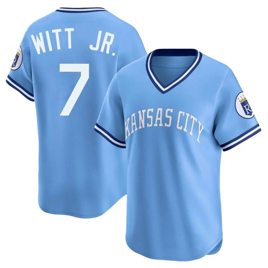 KC.Royals #7 Bobby Witt Jr. Player Light Blue Limited Throwback Cooperstown Collection T-shirt Gdoa Stitched Jerseys
