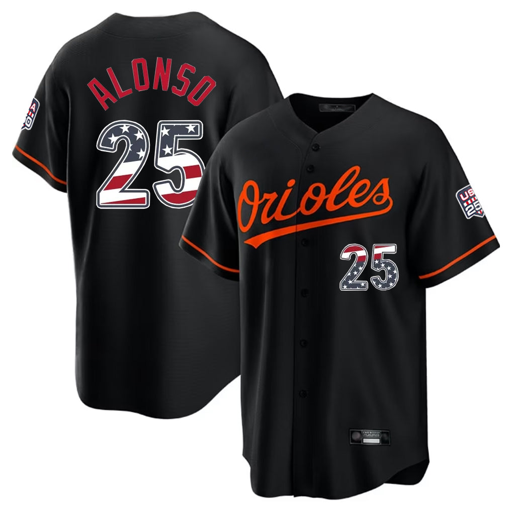 B.Orioles #25 Pete Alonso Player Black USA 250 Fourth of July Home Game Gdoa Stitched Jerseys