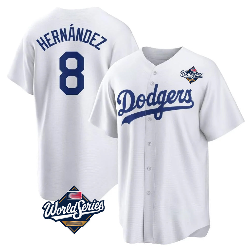 LA.Dodgers #8 Enrique Hern¨¢ndez Player White World Series Game Home Gdoa Stitched Jerseys