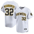 M.Brewers #32 Jacob Misiorowski Player White Stripes Home Limited Game Gdoa Stitched Jerseys