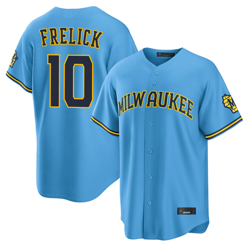 M.Brewers #10 Sal Frelick Player Light Blue Road Stadium Game Gdoa Stitched Jerseys