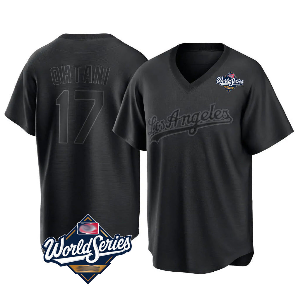 LA.Dodgers #17 Shohei Ohtani Player Black World Series Pitch Fashion T-shirt Gdoa Stitched Jerseys