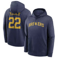M.Brewers #22 Christian Yelich Player Navy Club Pullover Hoodie Game Gdoa Stitched Jerseys