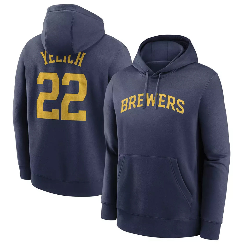 M.Brewers #22 Christian Yelich Player Navy Club Pullover Hoodie Game Gdoa Stitched Jerseys