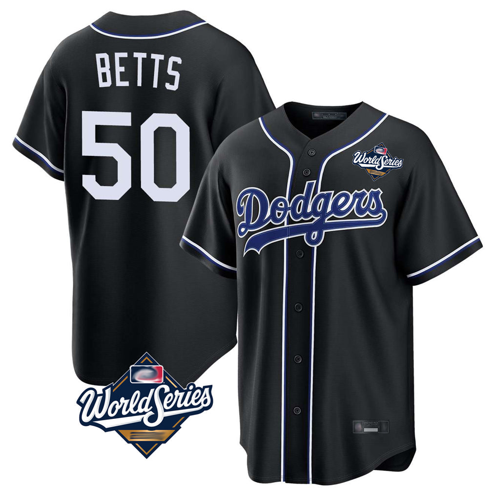 LA.Dodgers #50 Mookie Betts Player Black World Series Carbon Limited Home Gdoa Stitched Jerseys