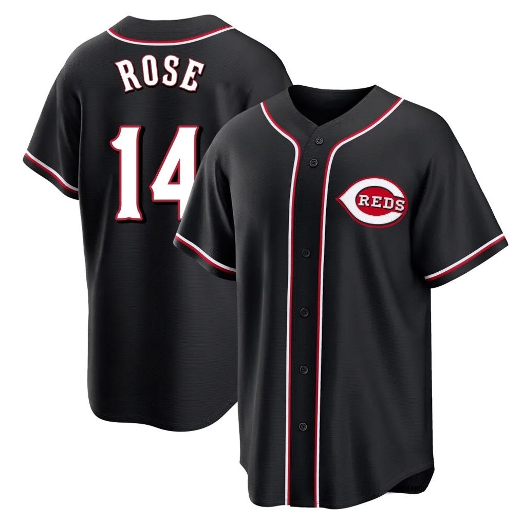 C.Reds #14 Pete Rose Player Black Fashion Out Home Game Gdoa Stitched Jerseys