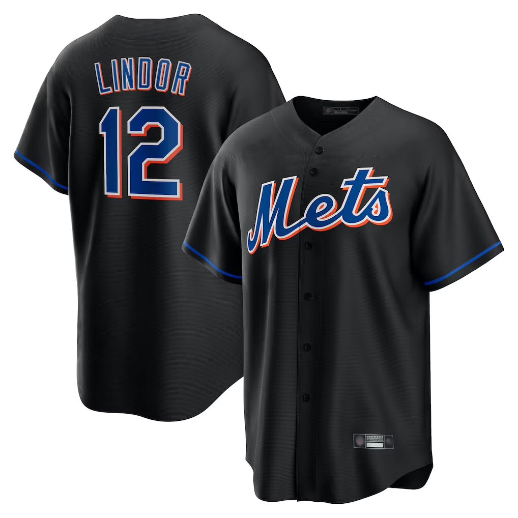 NY.Mets #12 Francisco Lindor Player Black Replica Home Game Stitched Jerseys