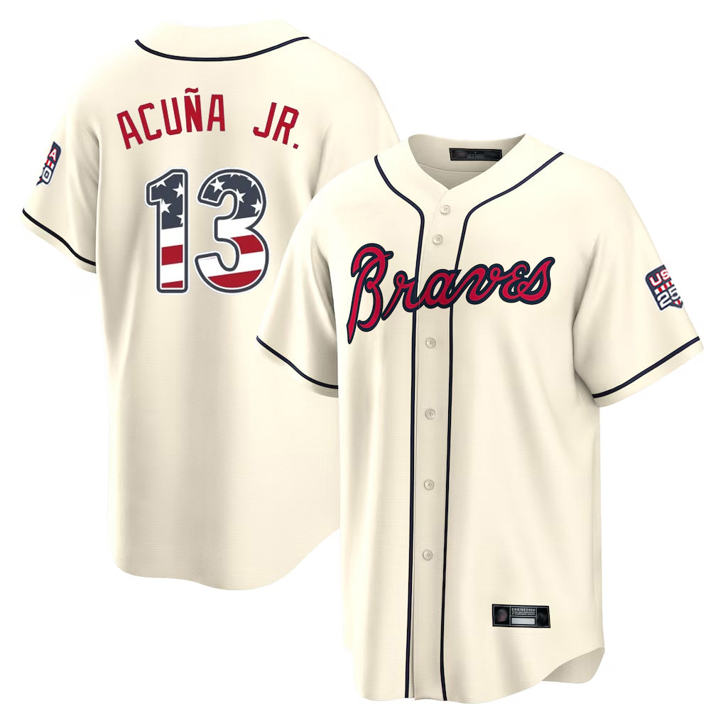 A.Braves #13 Ronald Acuna Jr Player Cream USA 250 Fourth Of July Limited Home Game Gdoa250Ys Stitched Jerseys