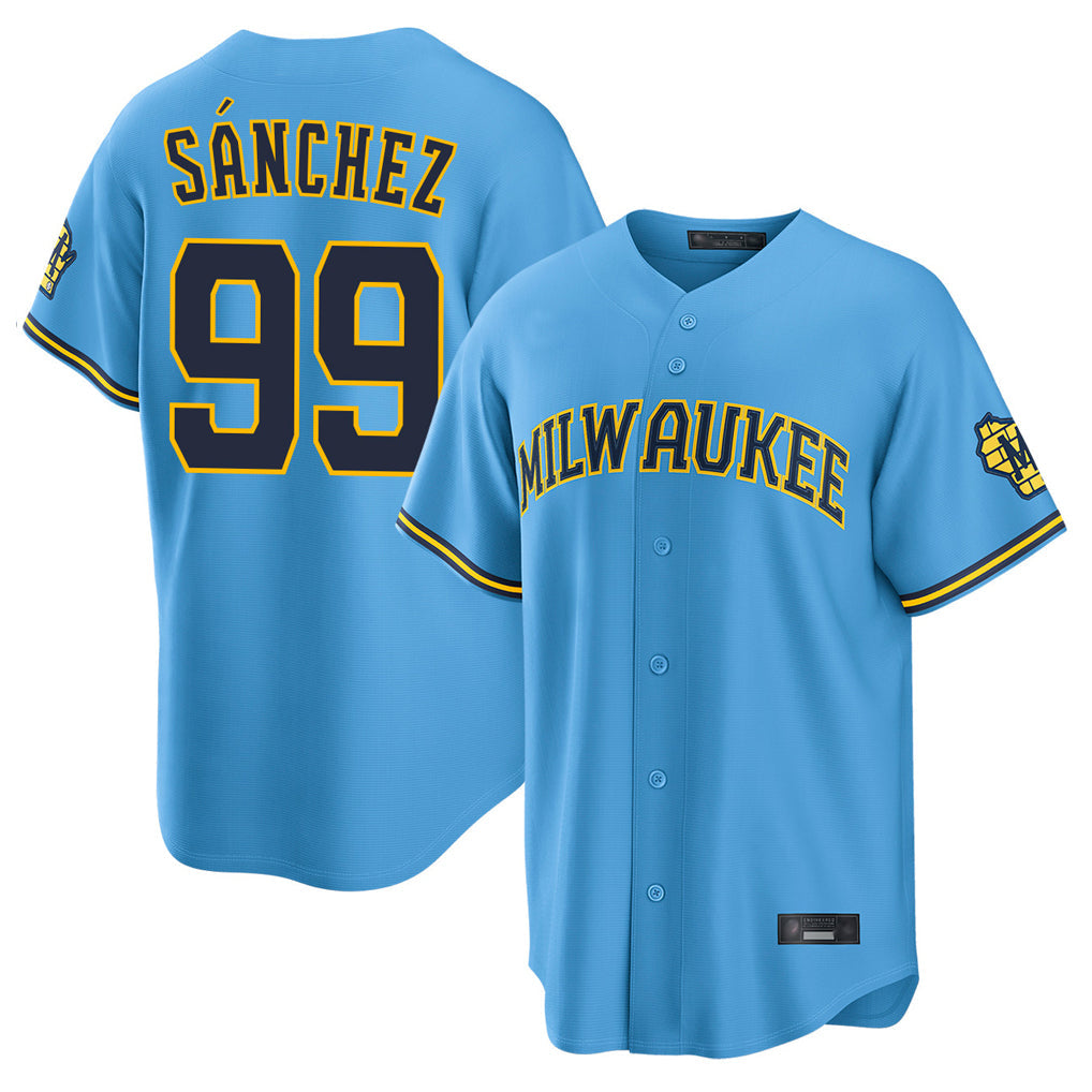 M.Brewers #99 Gary Sanchez Player Light Blue Road Stadium Game Gdoa Stitched Jerseys