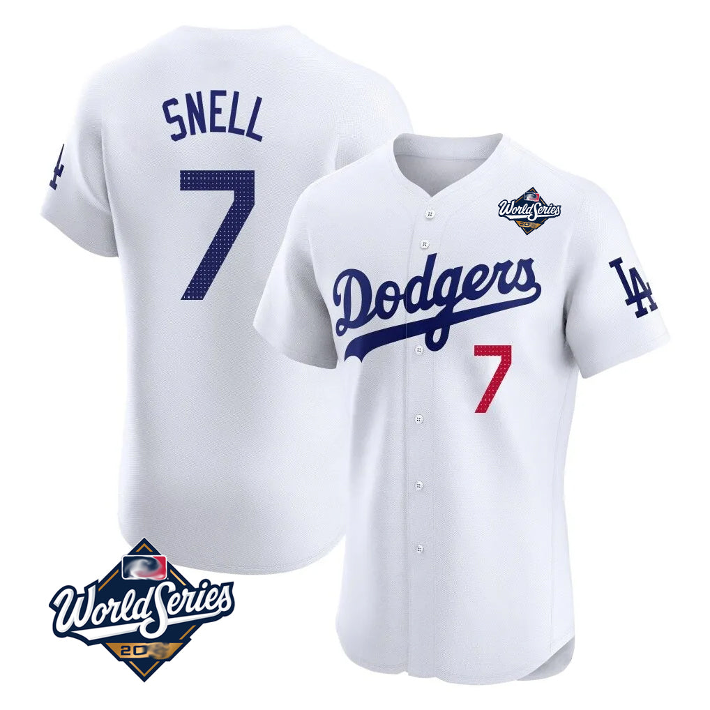 LA.Dodgers #7 Blake Snell Player White Limited Elite World Series Home Gdoa Stitched Jerseys