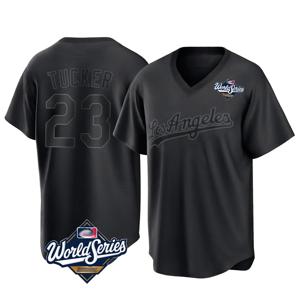 LA.Dodgers #23 Kyle Tucker Player Black World Series Pitch Fashion T-shirt Gdoa Stitched Jerseys