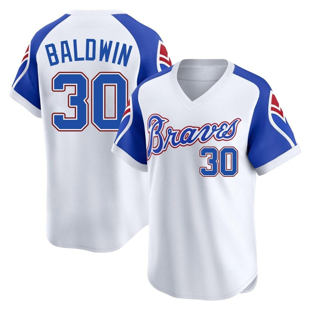 A.Braves #30 Drake Baldwin Player White Throwback Cooperstown Collection T-shirt Game Gdoa Stitched Jerseys