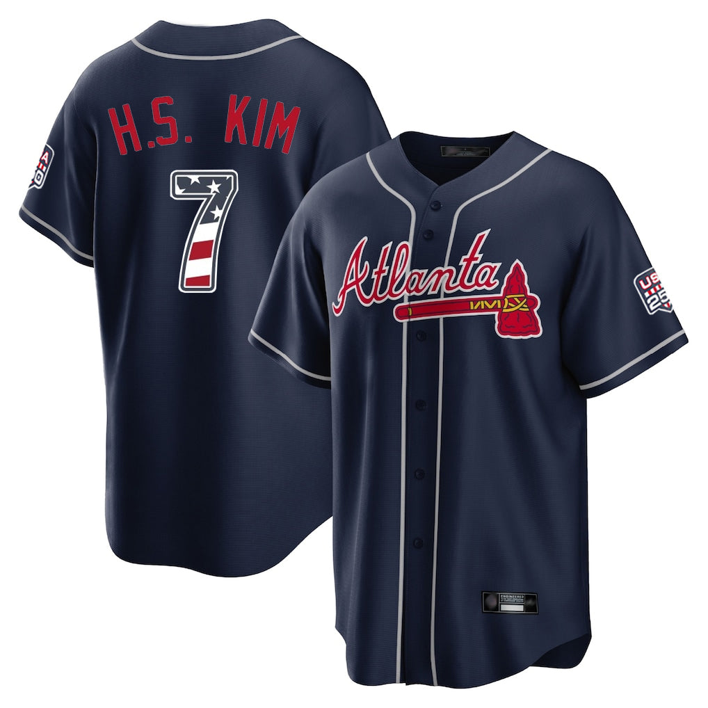 A.Braves #7 Ha-Seong Kim Player Navy USA 250 Fourth Of July Limited Home Game Gdoa250Ys Stitched Jerseys