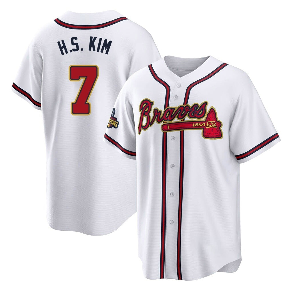 A.Braves #7 Ha-Seong Kim Player White Gold Home Game Gdoa Stitched Jerseys