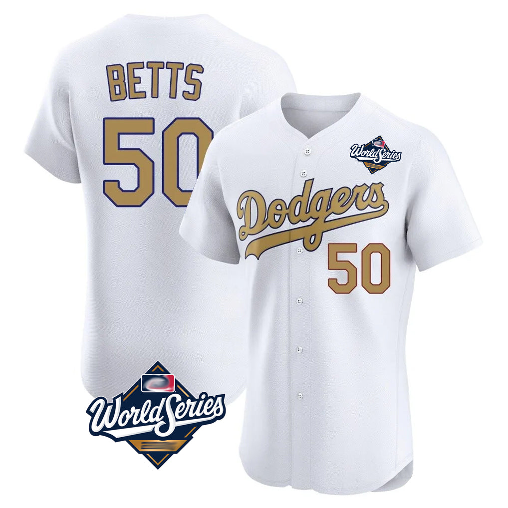 LA.Dodgers #50 Mookie Betts Player Gold World Series Limited Elite Home Gdoa Stitched Jerseys