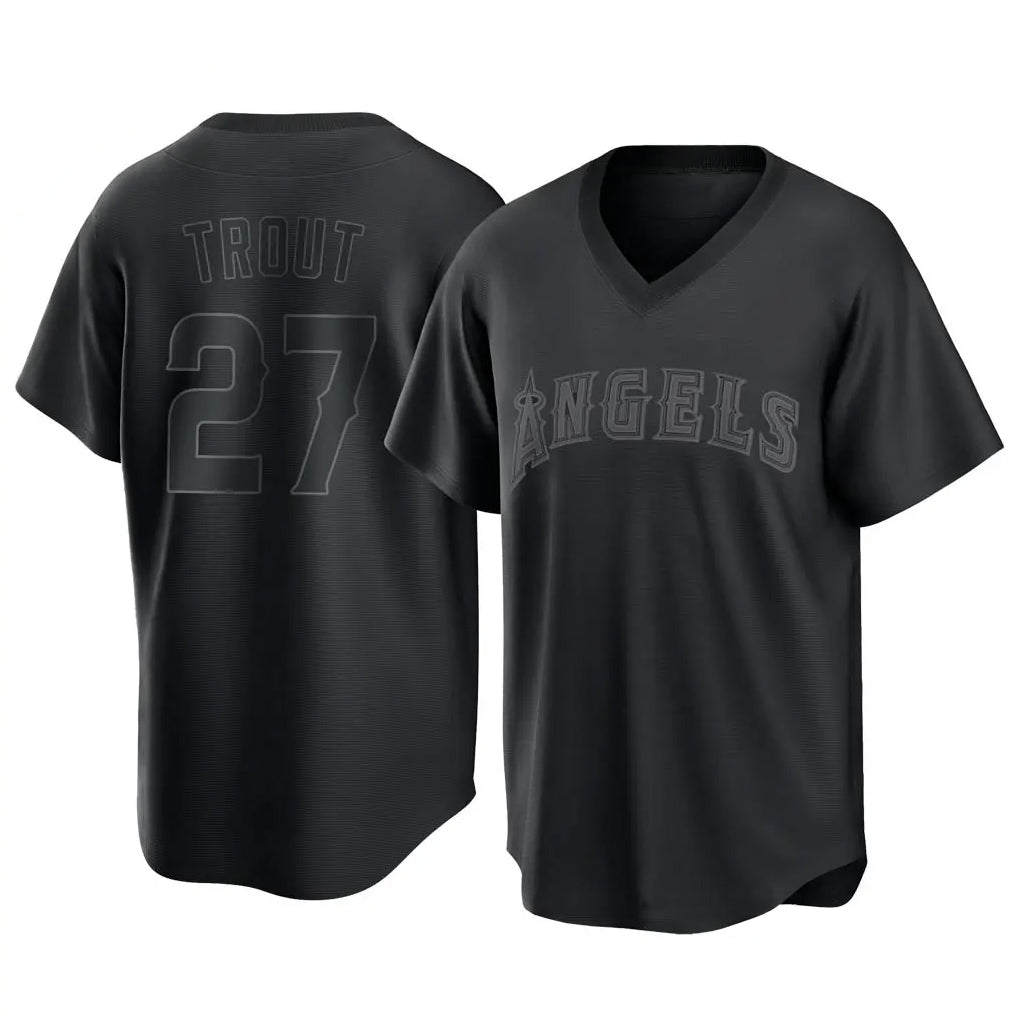 LA.Angels #27 Mike Trout Player Black Pitch Fashion T-shirt Gdoa Stitched Jerseys