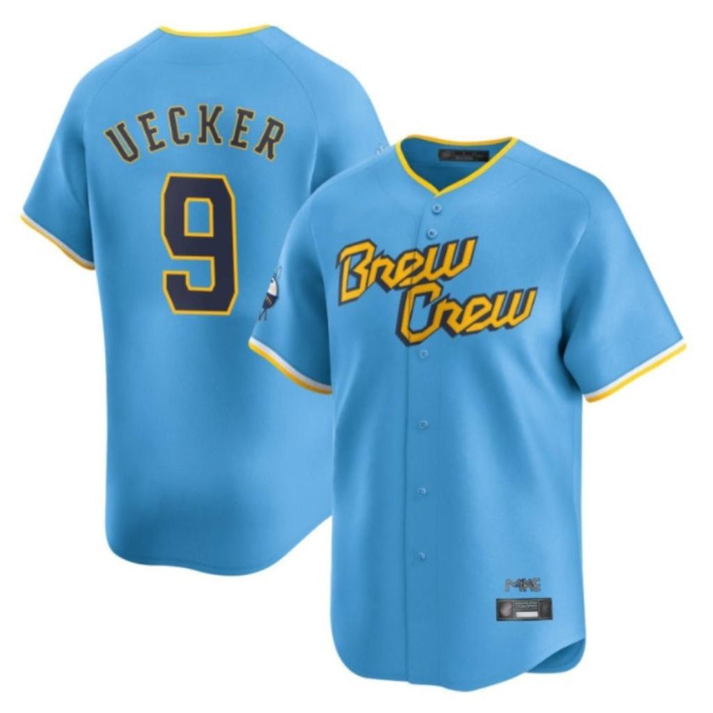 M.Brewers #9 Bob Uecker Player Light Blue City Connect Home Limited Gdoa Stitched Jerseys