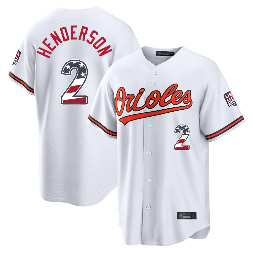 B.Orioles #2 Gunnar Henderson Player White USA 250 Fourth of July Home Game Gdoa Stitched Jerseys