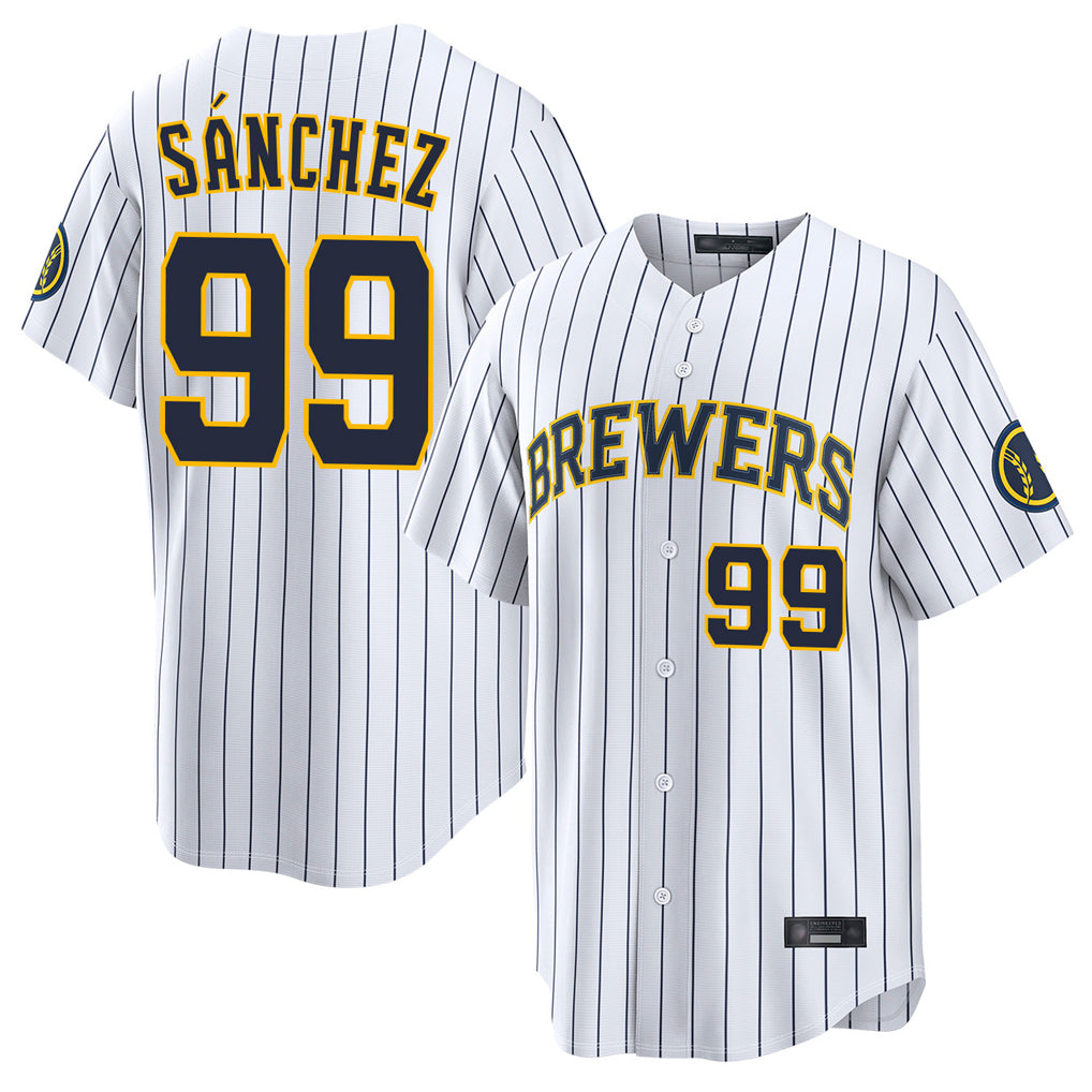 M.Brewers #99 Gary Sanchez Player White Stripes Home Limited Game Gdoa Stitched Jerseys